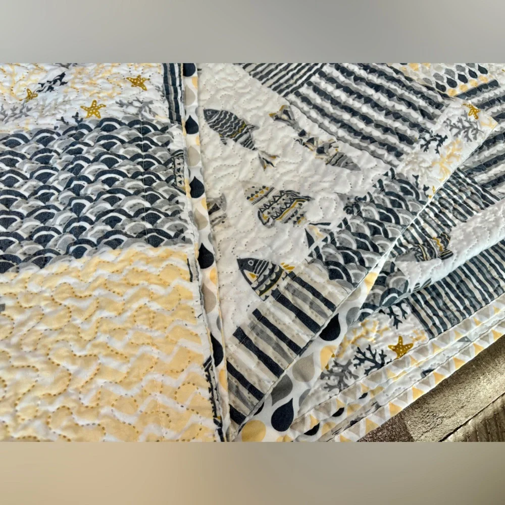 Quilted Patchwork Bedding Set Full Queen Yellow Gray Coastal 3 Piece